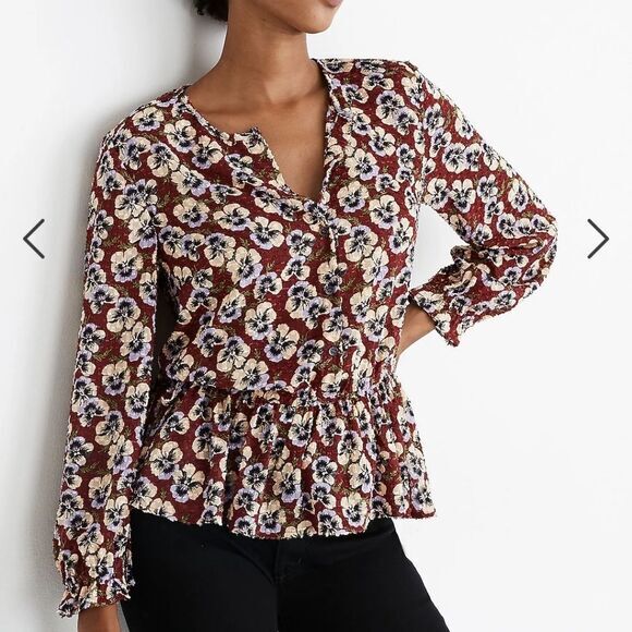 Madewell -565 Drawstring Ruffle-Hem Top Blouse in Viola Floral Burgundy Medium - Picture 1 of 10